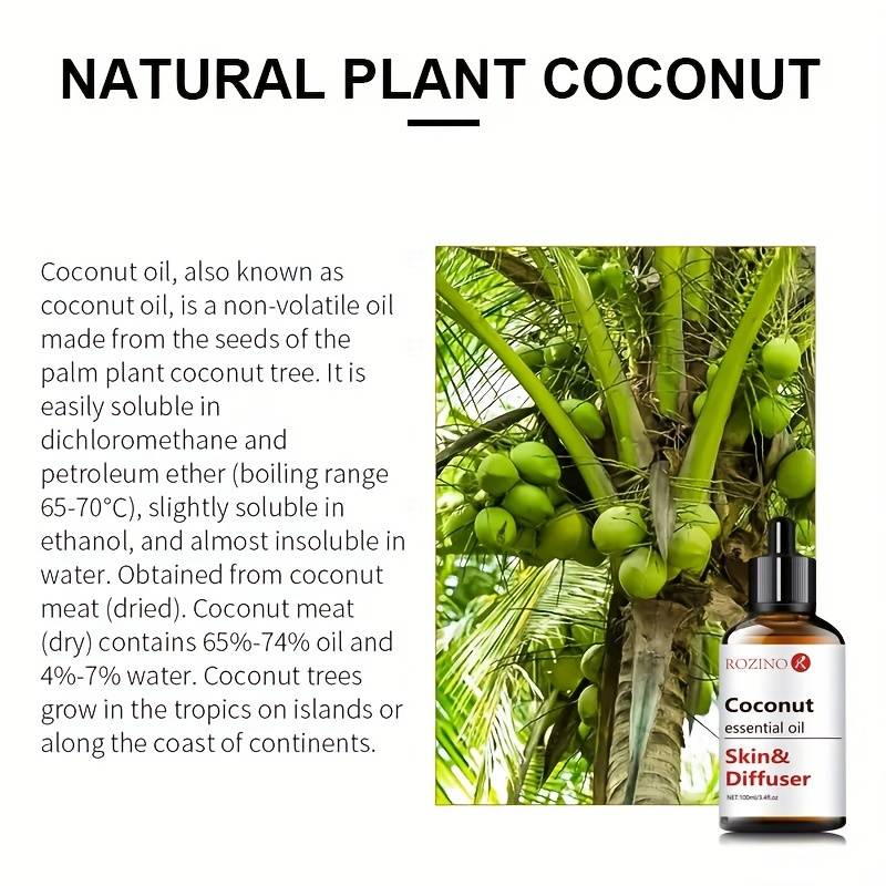 3.38oz 100% Natural Coconut Essential Oil, For Skin Care, Massage, Shower,  Diffuser Essential Oil, Suit For Face, Body, Nails, Hair, Eyelashes